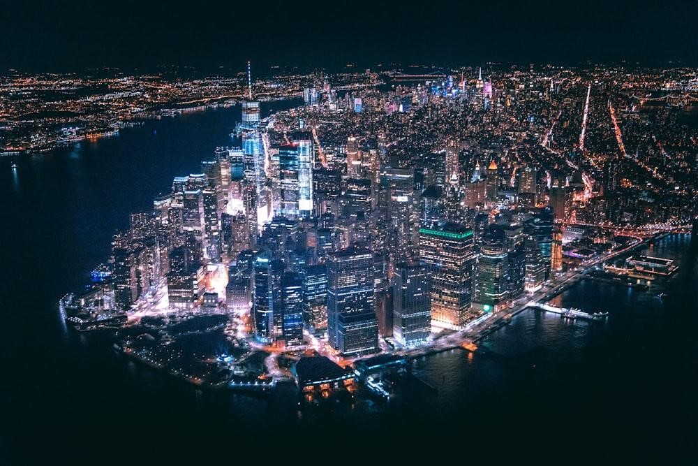 A Bird’s Eye View of an Illuminated New York at Night